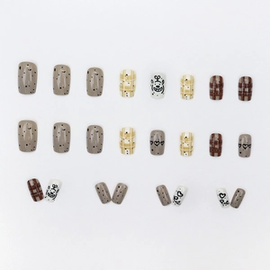 24pcs short square press-on nails with cartoon dog doodles in milk coffee and grey
