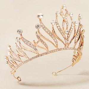Golden baroque bridal crown with crystal rhinestones for weddings and formal parties