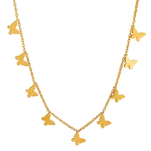 Elegant gold necklace featuring multiple butterfly pendants on a delicate chain