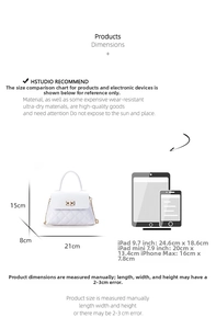 Detailed size chart showing dimensions 21x15x8cm for the quilted chain shoulder bag