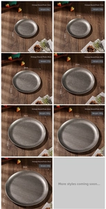 Size guide for vintage stainless steel plates showing diameters from 14cm up to 34cm