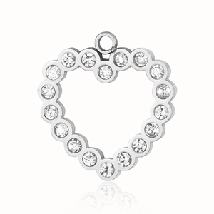 Detailed view of silver heart pendant with crystal border on a white background