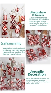 Detailed view of red and white candy Christmas ornaments with hand-painted patterns
