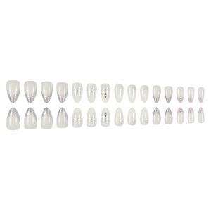 Short oval gradient nail tips with silver bow designs and tiny rhinestones, 30pcs set