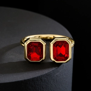 Elegant 18K gold plated open ring featuring two large rectangular red zircon stones