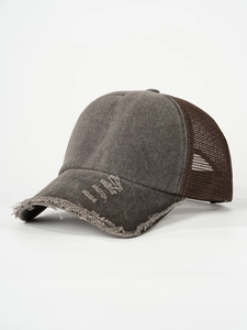 Detail shot of a distressed dark grey baseball cap with breathable brown mesh back