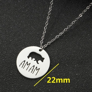 Stainless steel mama bear pendant necklace with 22mm circular cutout disc and link chain