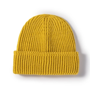 Mustard yellow thick ribbed knit beanie cap for men and women in winter outdoor style