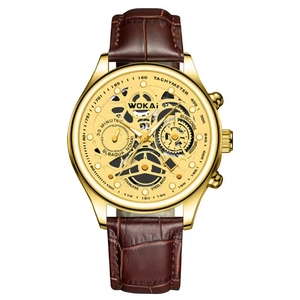 Classic men's quartz watch with gold hollow skeleton dial and brown leather strap
