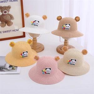 Breathable straw sun hats for kids featuring 3D ears and cute panda embroidery in five colors