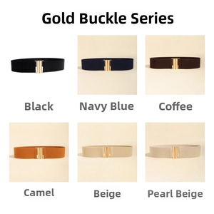 Detail view of elastic wide belts with golden H-shaped metal buckles in six colors