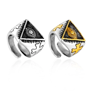 Eye Of Providence Stainless Steel Ring Men Vintage Punk All Seeing Eye Religious Cross Adjustable Open Band Jewelry