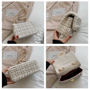 Detailed views of a tweed flap bag featuring pearl trim and gold chain shoulder strap