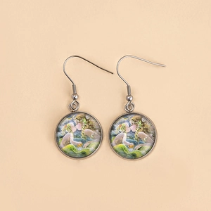 Artistic Van Gogh style drop earrings featuring vintage circular illustration and silver hooks