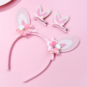 Coffret bandeau oreilles de lapin roses à paillettes et barrettes à fleurs pour filles