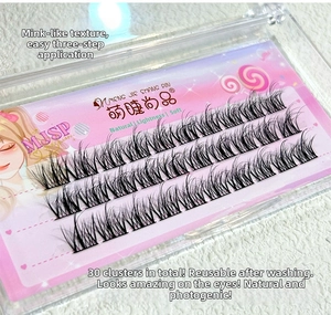 Macro shot of 30 clusters of mink-style eyelashes in a pink packaging box