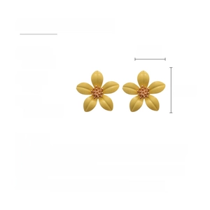 Detail view showing yellow flower stud earring size 3.5cm and matte finish alloy material