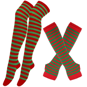 Macro detail of red and green striped knit over-knee socks and fingerless arm sleeves set