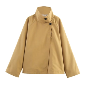 Short khaki trench coat for women featuring a stand collar and asymmetric button design