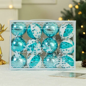 Close-up of 12-pack blue and white Christmas ball ornaments in festive gift packaging