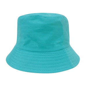 Detailed view of plain cyan blue cotton twill bucket hat with high quality stitching