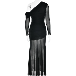 Detail of black one-shoulder dress featuring mesh patchwork and ruched slimming texture