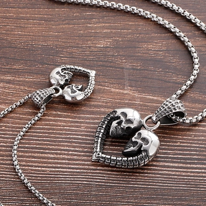 Collier Pendentif Cœur Gothique Acier Inoxydable Double Têtes De Mort Bijoux Retro Punk Rock Homme Femme