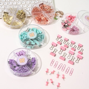 Pastel macaron office stationery set with binder clips and paper clips in five round boxes