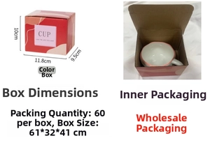 Detailed view of white ceramic heart mug with pink rim and its matching colorful gift box