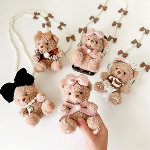 Plush Brown Bear Phone Back Clip Bag Charm Faux Artificial Pearl Chain Bow Knot Pendant Soft Kawaii Accessory For Women Girls Gift