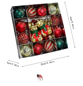 Christmas ornament set with red green gold balls and teddy bears in a 9-grid storage box