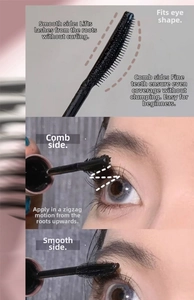 Dual-sided mascara brush macro showing smoothing and combing sides for curling lashes