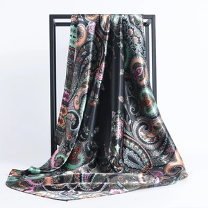 Bohemian paisley printed 90x90cm satin silk scarf with black base and colorful patterns