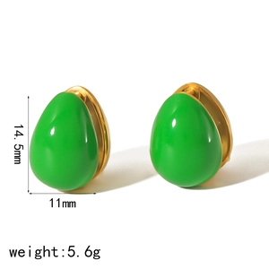 Green enamel teardrop earrings in gold-plated stainless steel measuring 14.5mm by 11mm