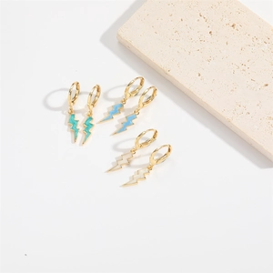 Minimalist lightning bolt earrings in gold with green, blue and white drop oil finish