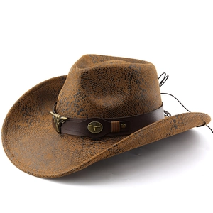 Classic western cowboy hat with brown snakeskin texture and bronze bull head ornament
