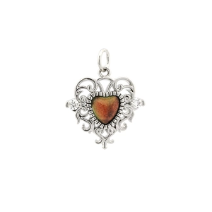 Close-up of 18K gold-plated heart pendant with colorful crystal and woven wire detail