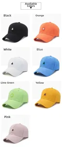 Grid view showing seven colors of cotton baseball caps with embroidered A-patch detail
