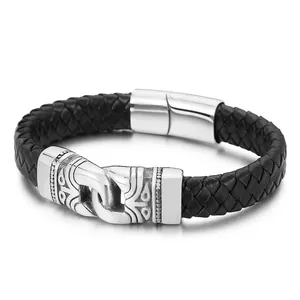 Men Braided Leather Bracelet With Totem Engraved Stainless Steel Magnetic Clasp Retro Fashion Jewelry Gift For Him