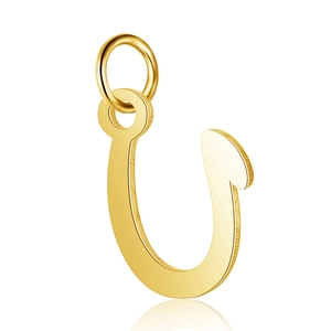Detailed close-up of a gold-plated titanium steel hook-shaped pendant on white background