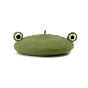 Cute green frog wool felt beret with big eyes, minimalist Japanese style painter hat