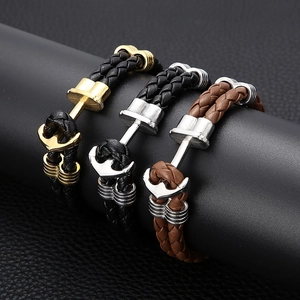 Men's double-layered braided leather anchor bracelet in gold and silver finish options