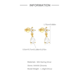 Detail of gold S925 silver teardrop earrings with AAAAA cubic zirconia and S925 stamp