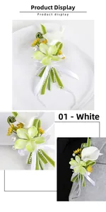 Detail view of white Calla Lily boutonniere with pearls and ribbon on a grey suit jacket