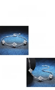 Detail of s925 silver four-leaf clover bracelet featuring polished moissanite stones