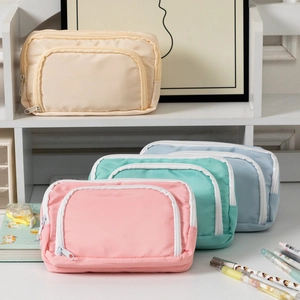 Large Capacity Pencil Case Polyester Front Window Stationery Pouch Double Zipper Student School Office Desktop Storage