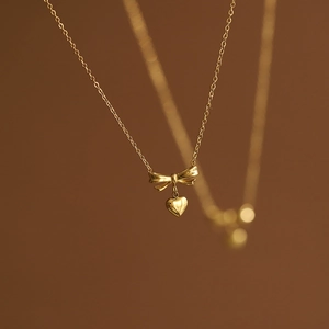 Sweet 18K Gold Plated Titanium Steel Bowknot Heart Pendant Necklace 3D Clavicle Chain Minimalist Jewelry Gift For Women
