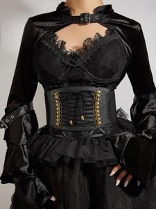 Close-up of gothic black lace dress with wide leather corset belt and metal buckle details