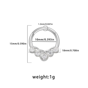 Detailed size chart of silver piercing ring with 5 gems and 1.2mm thickness specs