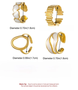 Size chart for irregular gold alloy open rings with diameter and weight details